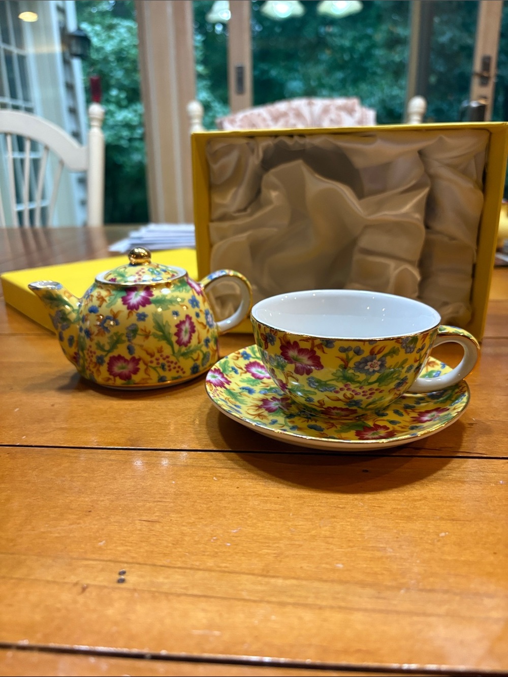 Yellow Floral Porcelain Teacup, Saucer & Teapot Set - In Box